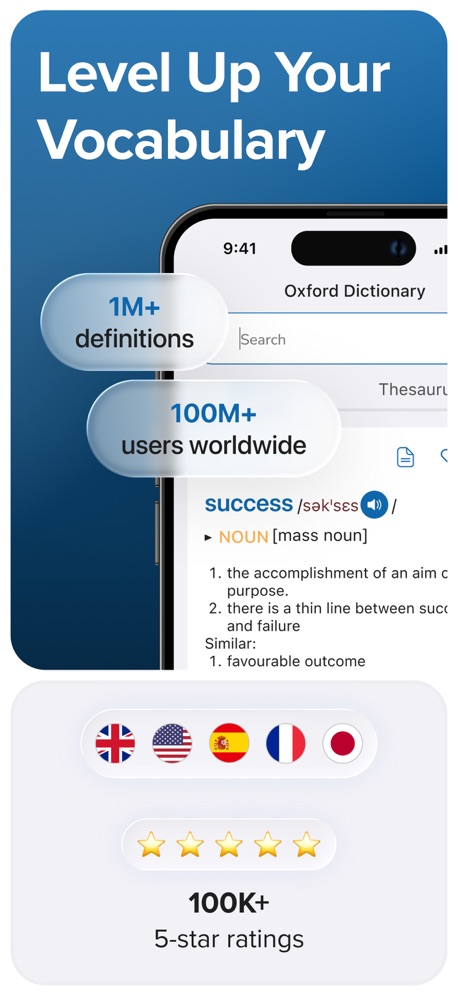 Oxford Dictionary & Thesaurus App Store screenshot 2, headline “Level Up Your Vocabulary”. User or download count.