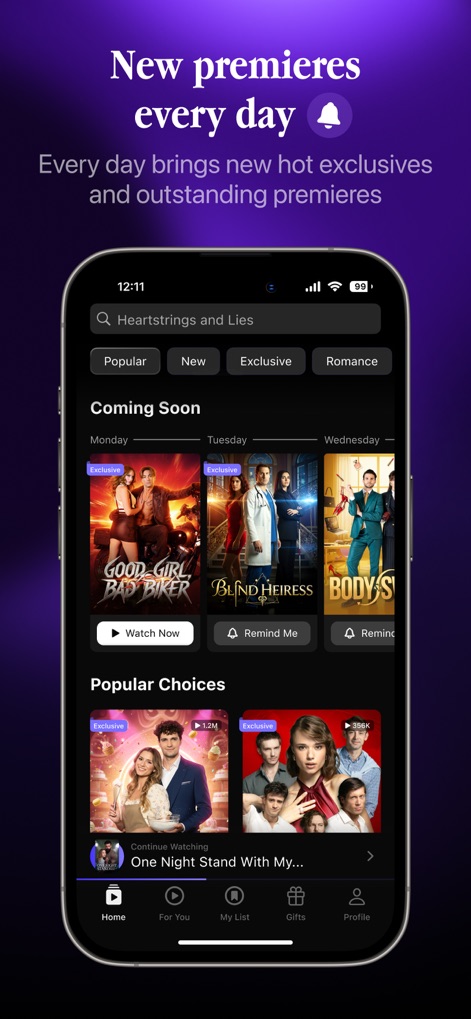 DramaShorts: Watch TV & Shows - Users can explore fresh content daily, highlighted by the "New premieres every day" announcement and the "Coming Soon" section for eagerly anticipated titles.