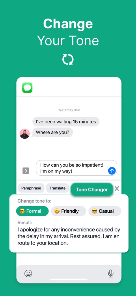 TypeAI: AI Keyboard & Writer - Users can easily adjust the tone of their messages, with options like "Formal" and "Casual" presented by the app to tailor communication.