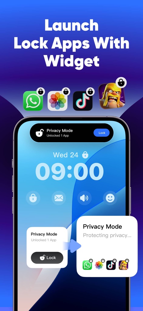 App Lock - Lock Apps . - The app demonstrates seamless integration of quick re-lock features via Lock Screen Widgets and the Dynamic Island, allowing users to manage app access effortlessly.