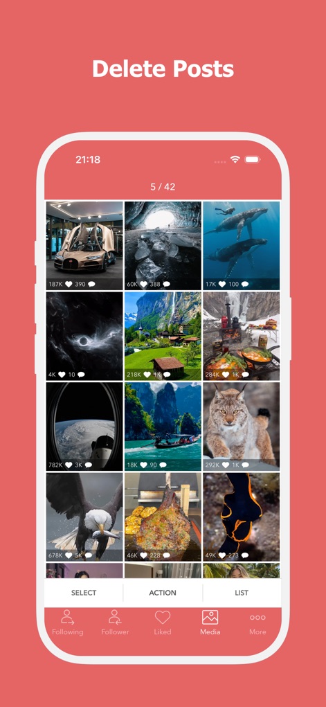 Unfollow for Instagram + - Esta herramienta ofrece una vista organizada de las publicaciones propias, presentando una cuadrícula de imágenes y sus métricas de "Likes" y "Comentarios" para la eliminación masiva.