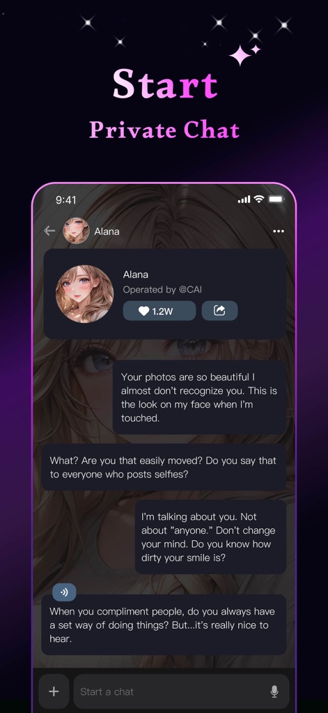 J.AI - AI Roleplay Chat - This tool facilitates private chat interactions, showcasing specific AI character profile details like "Alana" and providing a fluid, bubble-style conversational interface.