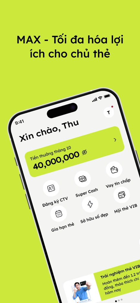Max - La interfaz de inicio personalizada de la aplicación MAX muestra un saldo destacado de 40,000,000 đ y un menú de iconos para acceder rápidamente a funcionalidades como 'Super Cash' y 'Vay tín chấp'.