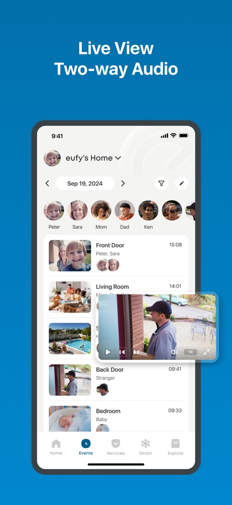 eufy - This screen provides a detailed timeline of events from various devices, showcasing live video playback from a "Front Door" camera and recorded clips from the "Bedroom" baby monitor.