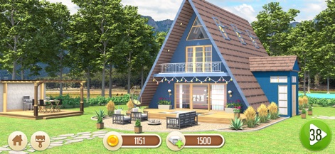 My Home Makeover: Dream Design - Los jugadores pueden renovar propiedades singulares, como una casa tipo A-frame con un diseño distintivo y un área exterior de barbacoa y asientos.