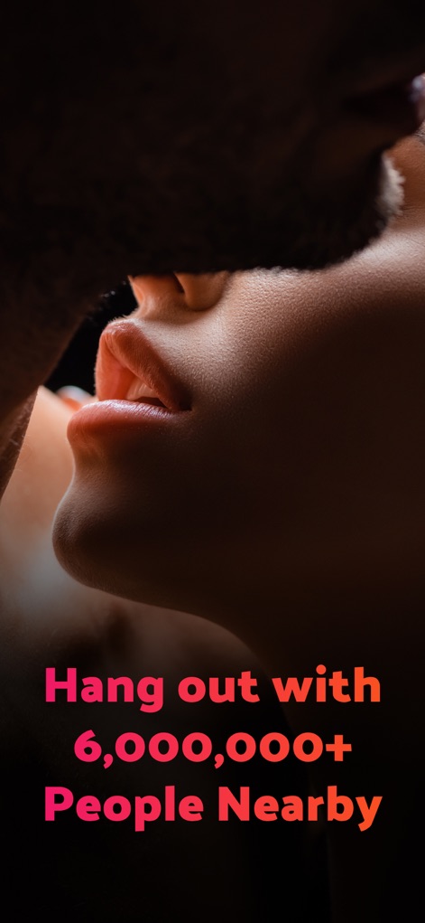 Cougar Dating App - CougarD - The platform showcases a suggestive image of intimate connection, emphasizing the potential to 'Hang out with 6,000,000+ People Nearby' and highlighting its vast local user base.