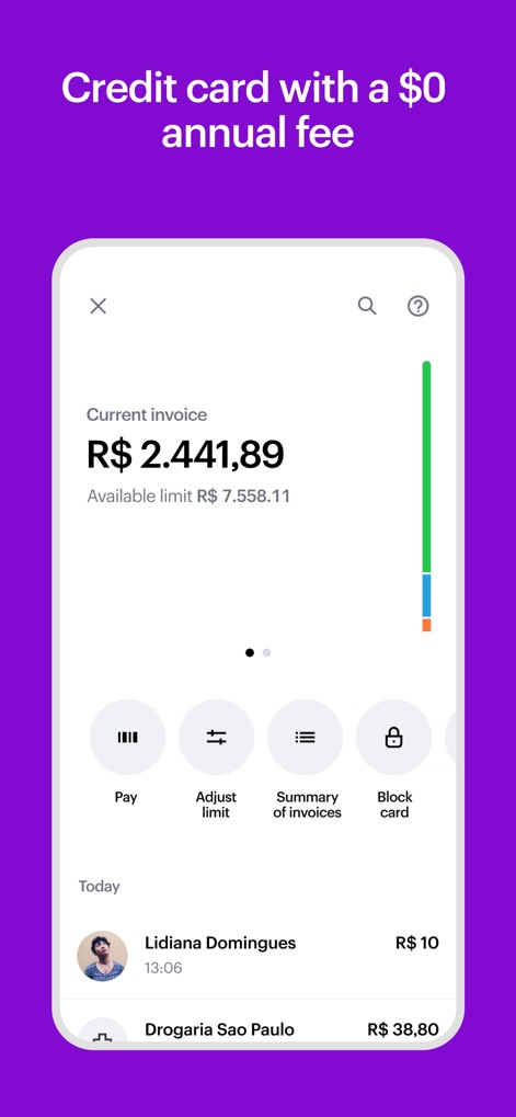 Nu - Explore how the app visualizes the credit limit breakdown and presents a clear, itemized transaction history for financial oversight.