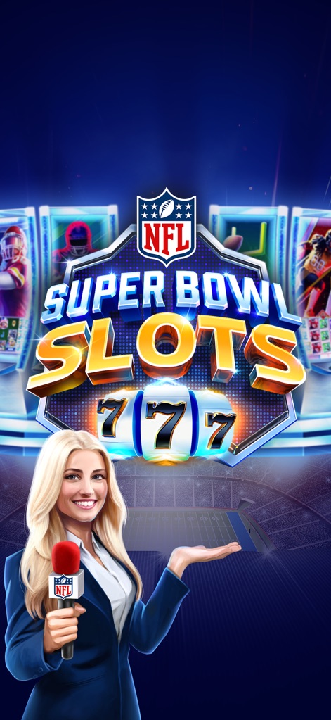 NFL Super Bowl Slots Casino - The app's vibrant introduction features the 'Super Bowl Slots 777' logo prominently displayed, welcoming users with a friendly news anchor character set against a grand stadium backdrop.