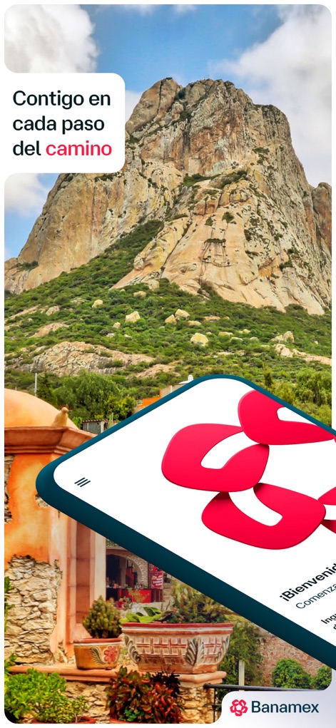 App Banamex - Este visual introductorio combina un paisaje emblemático de México, como la Peña de Bernal, con un mensaje de "Contigo en cada paso del camino", enfatizando la cercanía y el respaldo que la aplicación ofrece a sus usuarios.