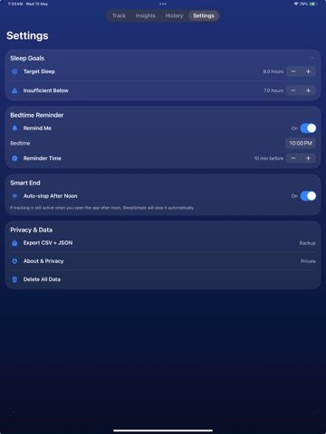 Sleep Tracker App: SleepSimple iPad screenshot