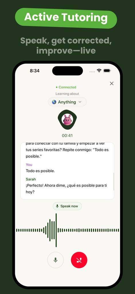 LingoTok - AI Language Tutor - Explorez l'expérience de tutorat vocal en direct, où les utilisateurs peuvent interagir avec le professeur d'IA et suivre la conversation grâce à la transcription en temps réel et les visualisations sonores.