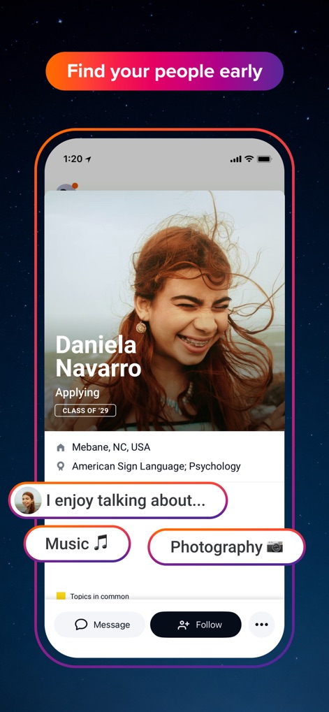 ZeeMee: Meet College Friends - Users can explore detailed student profiles, featuring a prominent name and applying status, along with personalized interest tags such as "Music" and "Photography" to find common ground.