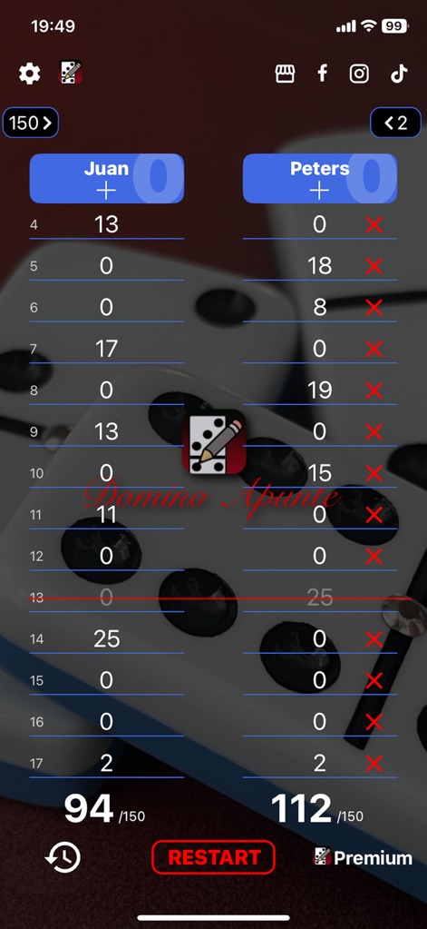 Domino Apunte - L'application permet de visualiser les scores détaillés des joueurs, avec l'affichage des points pour chaque tour de jeu et le total cumulé.