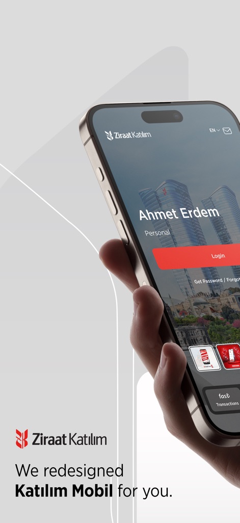 Ziraat Katılım - Users are greeted by a personalized login screen featuring the account name and convenient language selection.