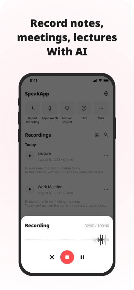 SpeakApp AI: Voice Notes - Discover how the app organizes recordings into a clear list, while the intuitive recording interface displays an active waveform for precise capture.
