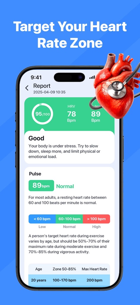 VitalBeat: Blood Sugar Tracker - Esta herramienta ofrece reportes detallados que muestran el pulso actual (X) y una tabla de zonas de frecuencia cardíaca según la edad (Y) para una interpretación sencilla.