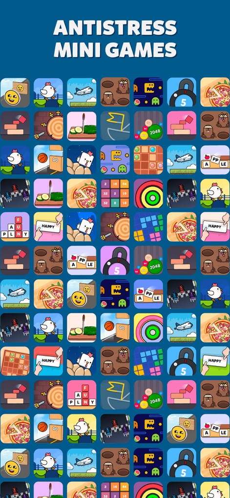 Mini Games: Calm & Relax - La aplicación presenta una vasta colección de mini juegos relajantes, destacando sus iconos vibrantes y una interfaz intuitiva para una selección fácil.