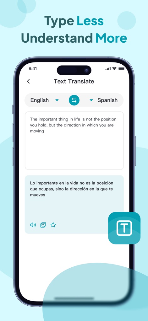 Owl Translator - Esta tela demonstra a tradução de texto, convertendo a frase em inglês "The important thing in life..." para sua equivalente em espanhol, com recursos adicionais como o ícone de "áudio" para ouvir a pronúncia.