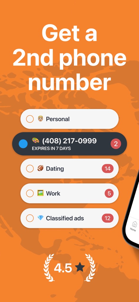 Phoner: Second Phone Number - Dieser Screenshot visualisiert die einfache Verwaltung verschiedener Nummern und die Kategorisierung für private oder berufliche Zwecke, was durch die prominenten Optionen für 'Personal' und 'Dating' Nummern deutlich wird.