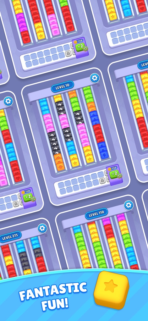 Sorting Cube Jam - The app presents a dynamic overview of multiple game levels and highlights the 'Fantastic Fun!' experience with its vibrant cube designs.