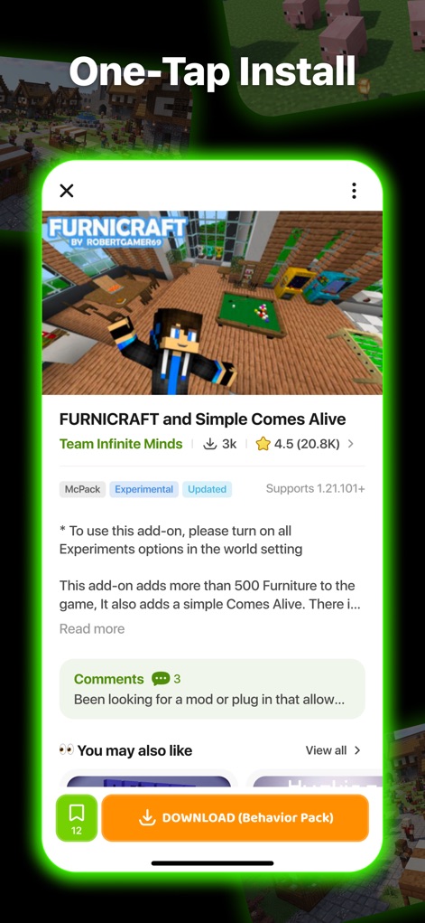 Addons for Minecraft - This view demonstrates the ease of "One-Tap Install" for add-ons like "FURNICRAFT," providing users with detailed descriptions and a clear download option for behavior packs.