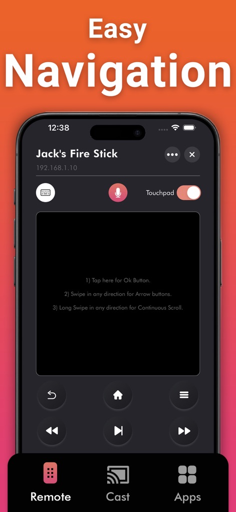 Remote for Fire TV - FireStick - La pantalla ilustra la funcionalidad del panel táctil, ofreciendo instrucciones claras para gestos como "Tap for Ok Button" y "Swipe in any direction for Arrow buttons", simplificando la interacción del usuario.