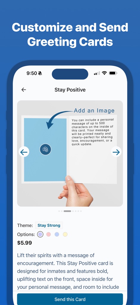 Inmate Photos, send to prison - The tool allows for detailed customization of greeting cards, offering options to add personal images and select from various inspiring themes.