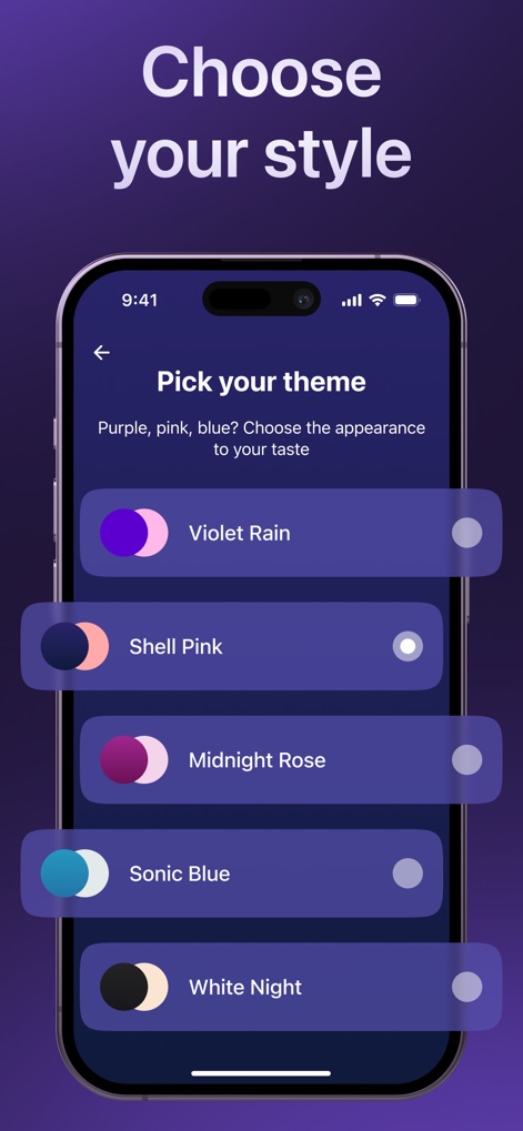 Massager - Strong Vibration - Users can personalize their experience by selecting from 'customizable color themes', with 'diverse theme options' like Violet Rain and Midnight Rose available.