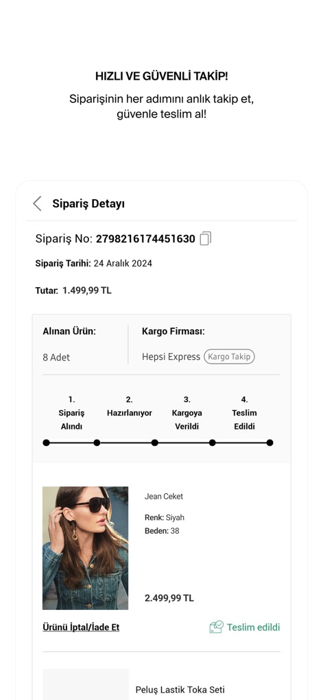 Koton:Giyim Alışveriş Sitesi - La herramienta de seguimiento de pedidos proporciona a los usuarios una línea de tiempo visual del estado de su envío y detalles completos del artículo, como el nombre del producto y su estado de entrega.