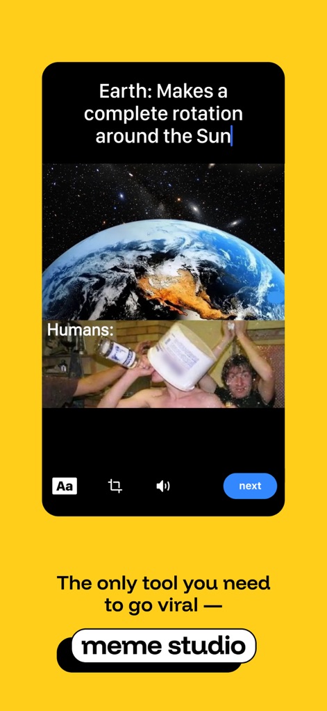 iFunny－funny videos，memes，GIFs - La herramienta de "meme studio" revela sus capacidades de edición con opciones para texto y rotación, ejemplificado por un meme de múltiples paneles sobre la rotación terrestre y la reacción humana.