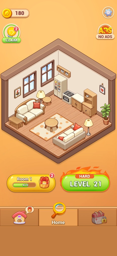 Hidden Quest: Seek & Discover - The app features diverse gameplay modes, presenting an isometric room view for different challenges and a clear level progression indicator.