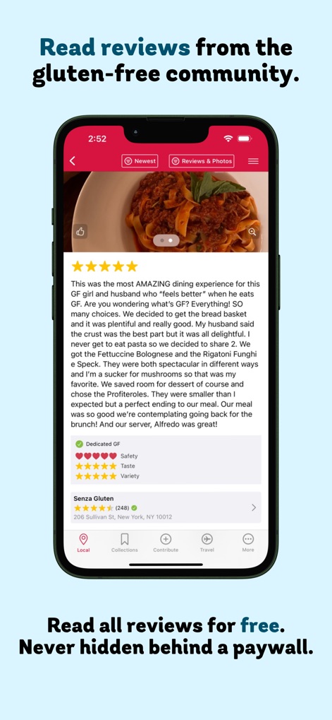 Find Me Gluten Free - Users can access in-depth reviews from the gluten-free community, showcasing star ratings and highlighting dedicated gluten-free establishments.