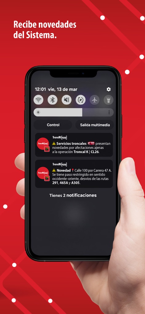 TransMi App - Las notificaciones mantienen a los usuarios informados sobre 'Servicios troncales' con afectaciones y 'Novedad' de rutas, asegurando que estén al tanto de cualquier cambio relevante.