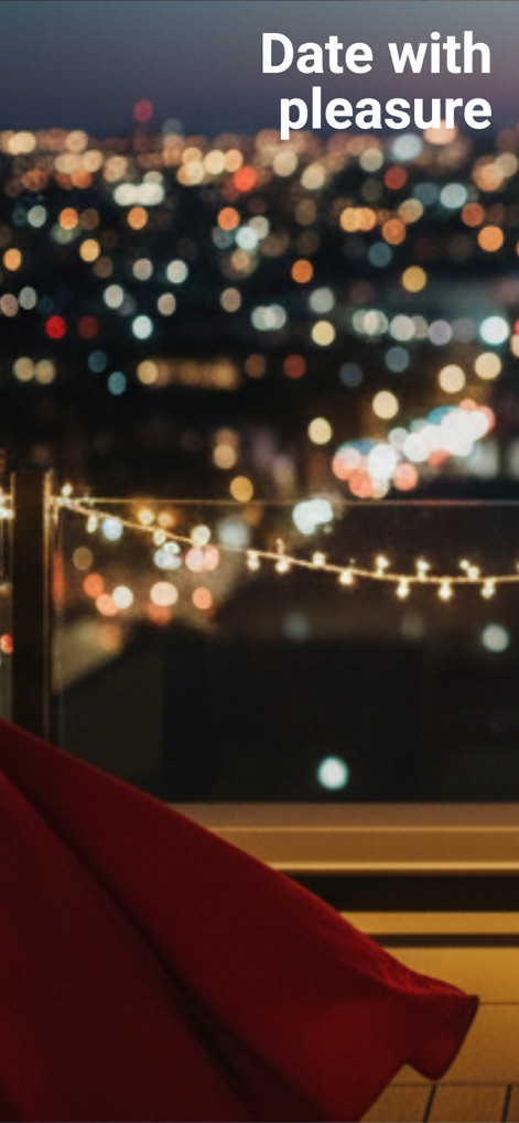 LovePlanet - Dating App - The evocative text "Date with pleasure" sets a romantic tone, suggesting a delightful user journey, complemented by the elegant string lights on the balcony railing.