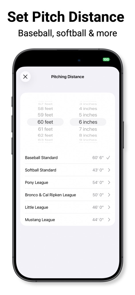 Pitch Counter & Radar Gun - The app enables precise pitch distance configuration, offering both standard league settings and custom feet and inches adjustments.