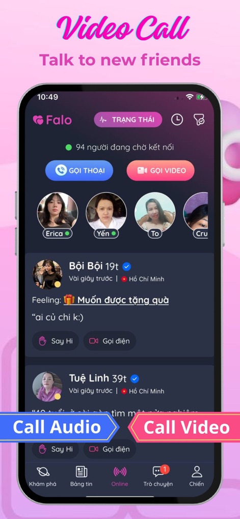 Falo: Dating Video Chat - Esta función de comunicación permite a los usuarios iniciar "GỌI ĐIỆN" para conversar de forma fluida y realizar "GỌI VIDEO" para interacciones más personales.