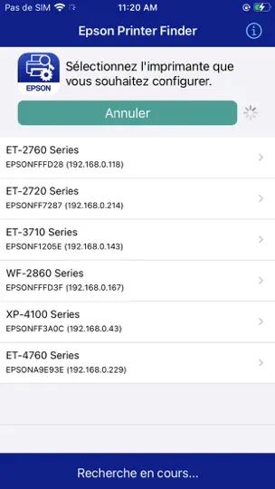 Capture d'écran de Epson Printer Finder sur iPhone 2