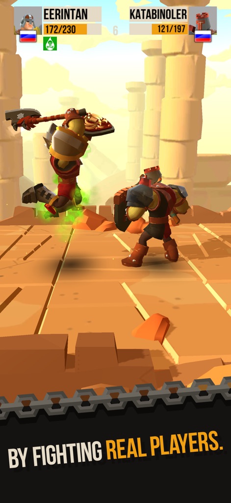 Duels - PVP game of Knighthood - Users engage in global arena fights in diverse environments, exemplified by this desert ruin setting and the distinctive green-hued attack animation.