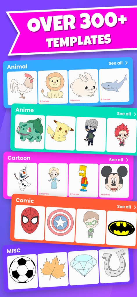 TraceArt: Learn How To Draw - 300以上の豊富なテンプレートが用意されており、動物やアニメ、カートゥーンといった多様なジャンルから選択でき、各描画にはステップ数を示すフレーム数が表示されています。