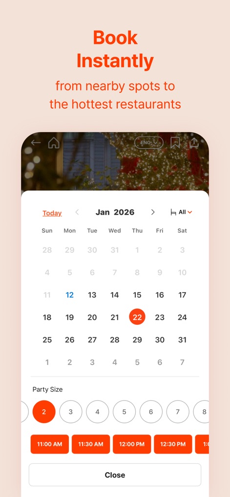 CATCH TABLE: Book Restaurants - This tool allows users to quickly select preferred "booking dates from an intuitive calendar" and choose from "available time slots" for a seamless reservation process.