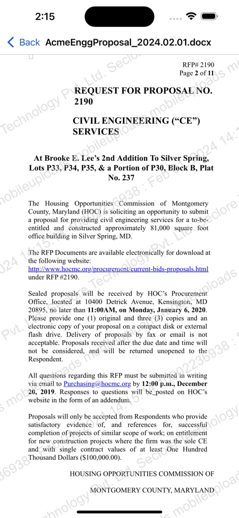 Seclore - La piattaforma garantisce la consultazione sicura di documenti testuali complessi come proposte tecniche, con un watermark distintivo che ne assicura la tracciabilità e la numerazione delle pagine 'Page 2 of 11' che conferma la completa gestione dei file multi-pagina.