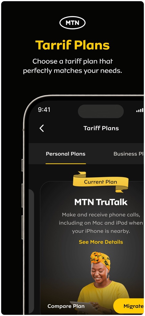 myMTN NG - Examine the 'Tariff Plans' interface, distinguishing between 'Personal Plans' and 'Business Plans' and providing direct options to 'Compare Plan' or 'Migrate'.