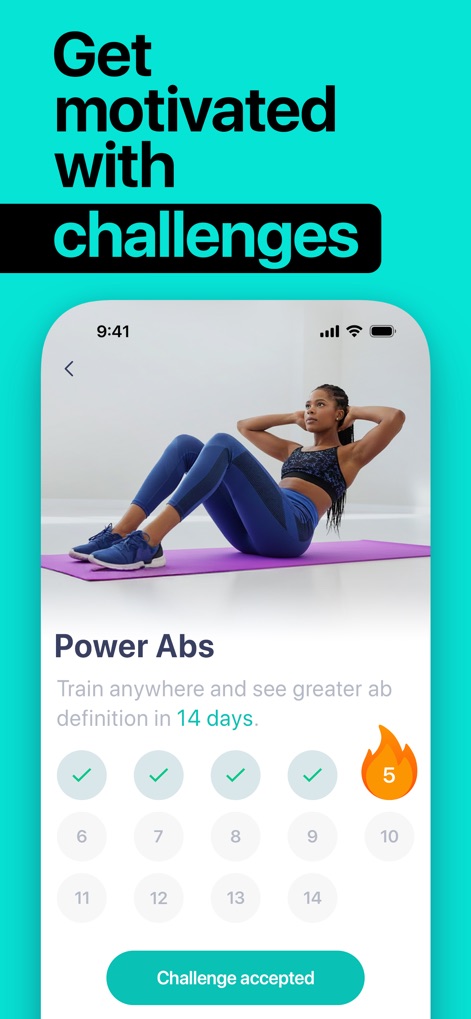 Home Workout Planner, Tracker - Esta herramienta impulsa la constancia con desafíos como "Power Abs", donde los usuarios pueden visualizar su progreso diario y los días completados en un formato claro.