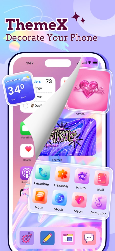 ThemeX: App Icons & My Widgets - Esta captura de tela inicial destaca a capacidade do aplicativo de personalizar completamente a tela do usuário, apresentando widgets interativos de clima e ícones de aplicativos estilizados com um efeito visual de camadas.