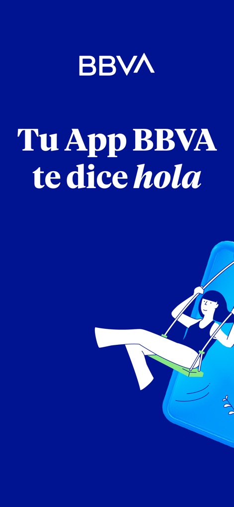BBVA Colombia | Banca Móvil - Der Begrüßungsbildschirm der App heißt Nutzer willkommen und zeigt das BBVA-Logo sowie eine spielerische Illustration einer Person auf einer Schaukel.