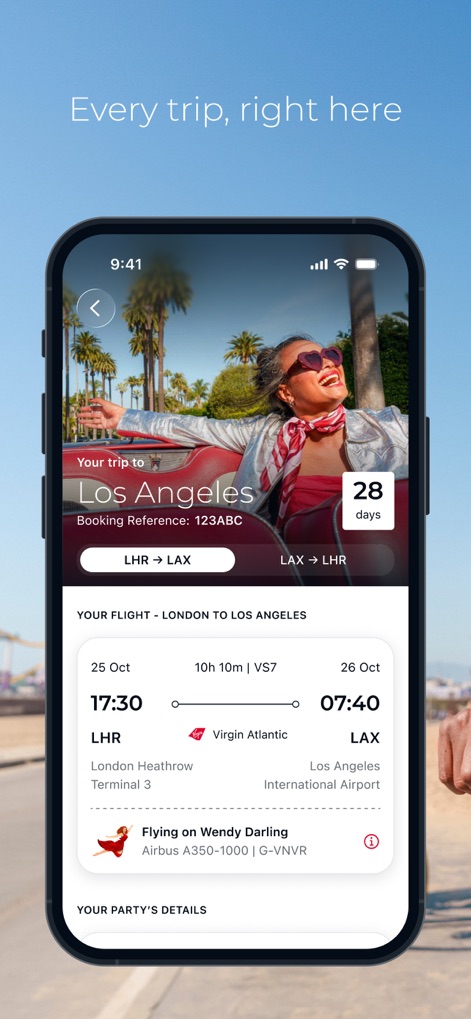 Virgin Atlantic - Users can effortlessly view upcoming journeys with key details like the destination and remaining travel days, alongside comprehensive flight information including departure and arrival times.