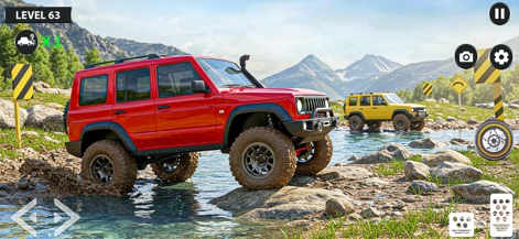 Offroad Prado Car Driving 2025 - Un imponente SUV rojo elevado se enfrenta a un cauce rocoso, mostrando la física realista del agua y la robustez de los vehículos todo terreno en la aplicación.