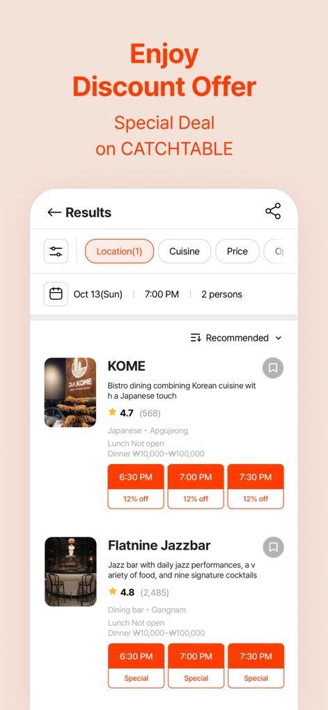 CATCH TABLE: Book Restaurants - This tool showcases "special discount offers" directly on the search results, indicating "percentage off" for various booking times.