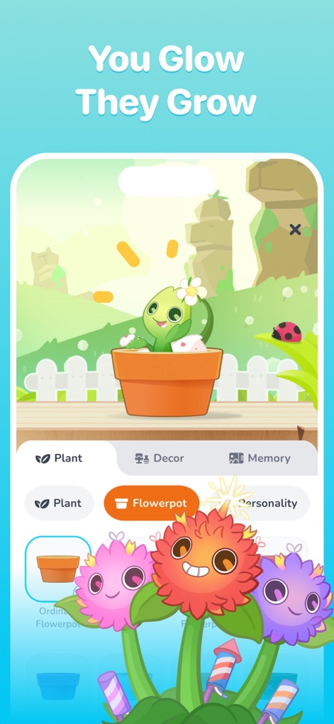 Plant Nanny Cute Water Tracker - La aplicación permite a los usuarios personalizar el entorno de sus plantas con elementos de "Decoración" como macetas temáticas y una pequeña mariquita en el fondo, creando un jardín virtual único.