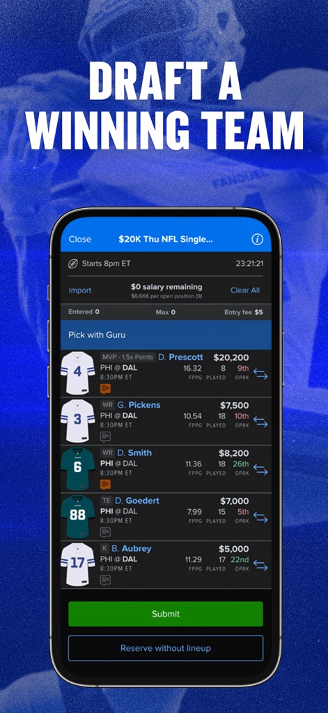FanDuel Fantasy Sports - Users can strategically draft their fantasy lineup by reviewing detailed player cards displaying individual performance stats and confirm their selections with the prominent 'Submit' button.